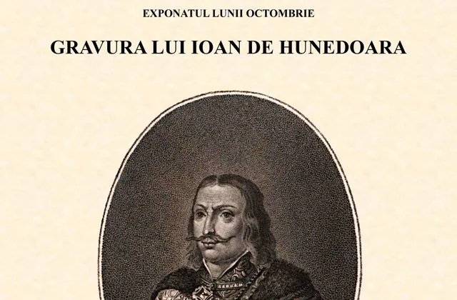 Un afiș crem conține text negru și un portret gravat oval al unui bărbat cu mustață, vizibil parțial.