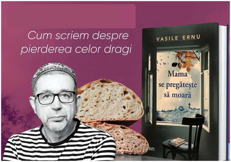 Un bărbat cu ochelari, căciulă și bluză cu dungi apare lângă felii de pâine și imaginea unei coperte de carte.