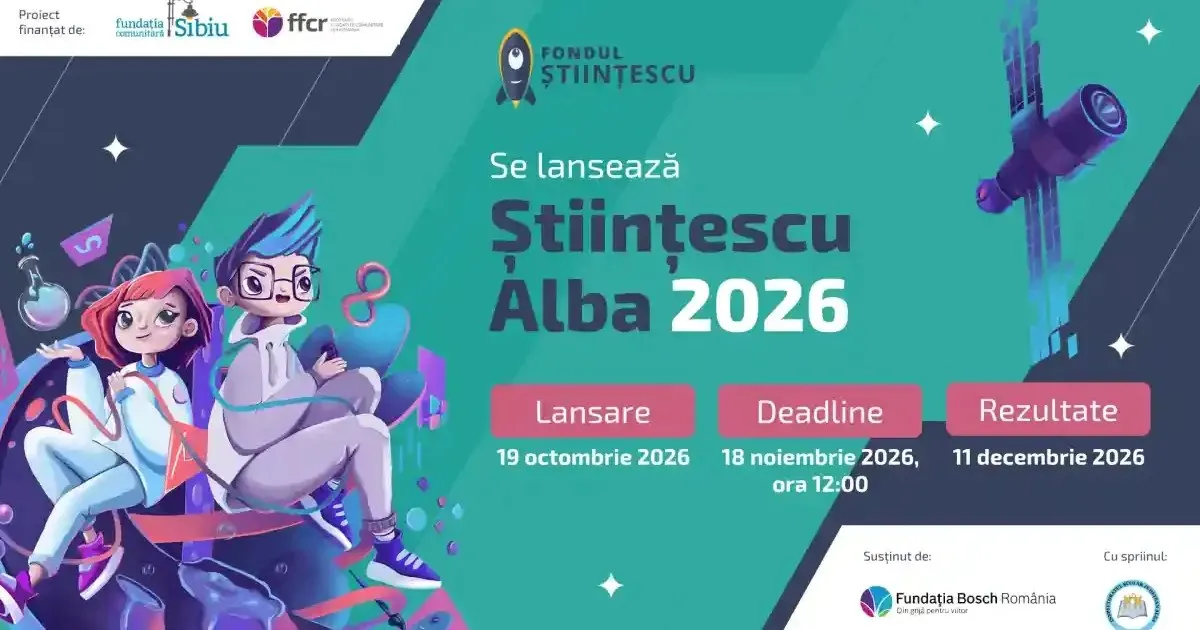 Afiș turcoaz cu două personaje desenate în stânga, un telescop în dreapta și casete roz cu text în partea de jos.