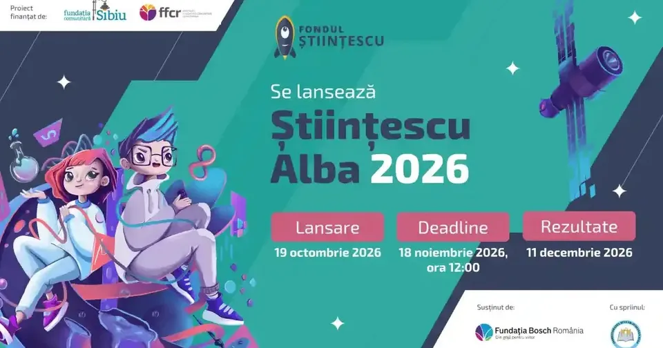Afiș turcoaz cu două personaje desenate în stânga, un telescop în dreapta și casete roz cu text în partea de jos.