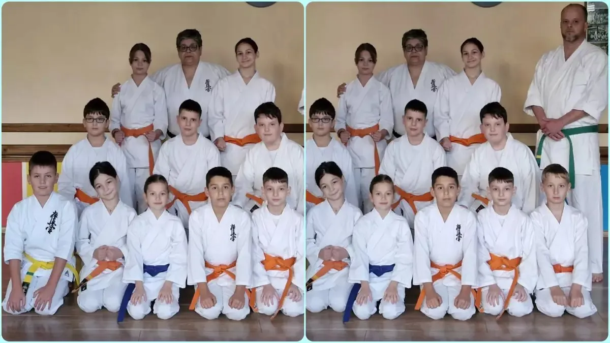 Două fotografii alăturate arată grupuri de persoane în uniforme albe, cu centuri colorate, așezate și în picioare în fața unui perete.