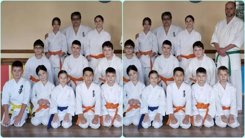 Două fotografii alăturate arată grupuri de persoane în uniforme albe, cu centuri colorate, așezate și în picioare în fața unui perete.