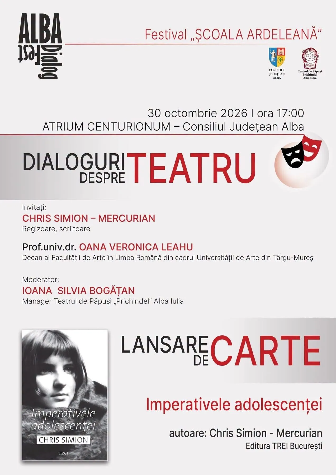 Un afiș alb și gri conține texte negre și roșii, două sigle mici în partea de sus și o copertă cu portret alb-negru jos.