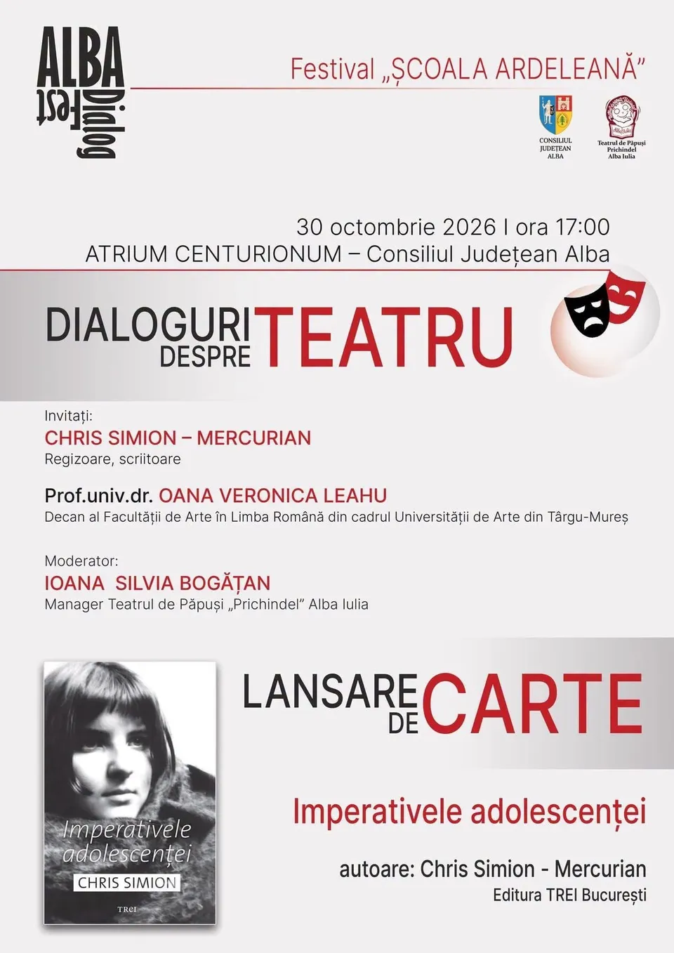 Un afiș alb și gri conține texte negre și roșii, două sigle mici în partea de sus și o copertă cu portret alb-negru jos.