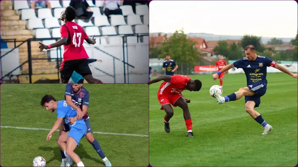Colajul prezintă fotbaliști în echipamente roșii și albastre pe terenuri cu iarbă, două mingi și tribune cu scaune albe.