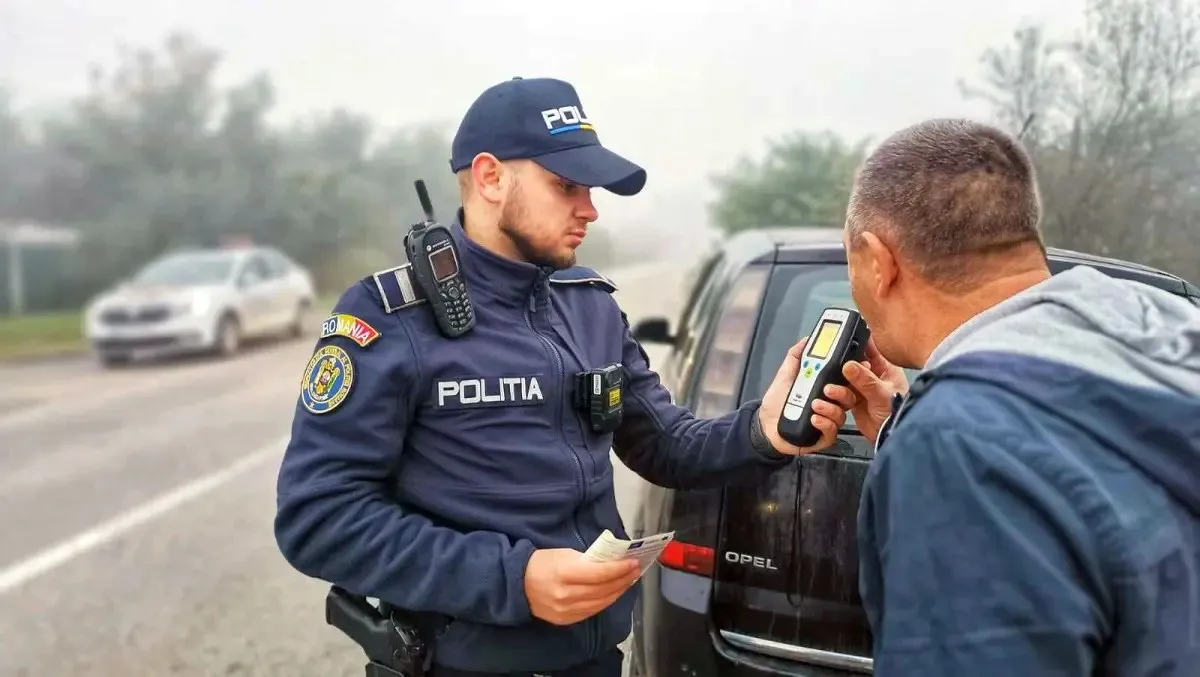 Un polițist în uniformă ține un aparat lângă gura unui bărbat, lângă un autoturism oprit pe marginea drumului.
