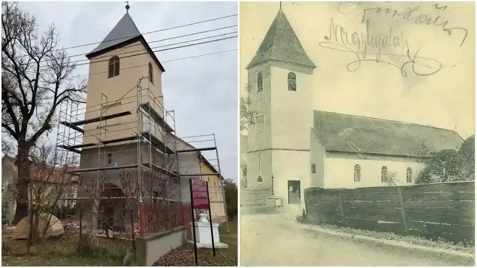 Două imagini alăturate arată clădiri cu turnuri și acoperișuri înalte; în stânga se văd schele, iar în dreapta, un gard.