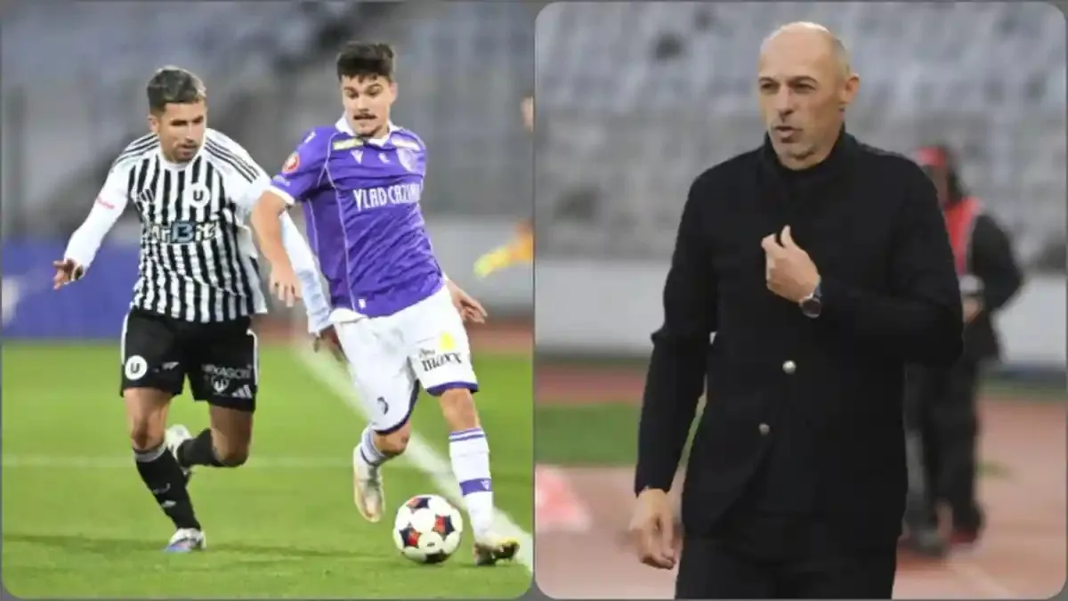 Imaginea este împărțită în două: în stânga, doi fotbaliști aleargă lângă o minge; în dreapta, un bărbat chel poartă haine negre.