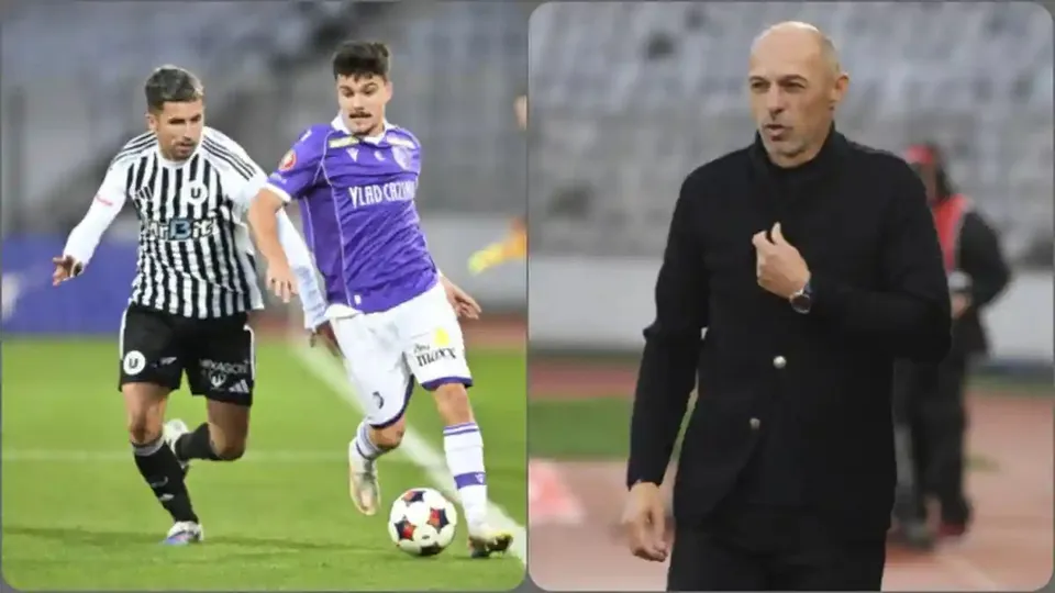 Imaginea este împărțită în două: în stânga, doi fotbaliști aleargă lângă o minge; în dreapta, un bărbat chel poartă haine negre.