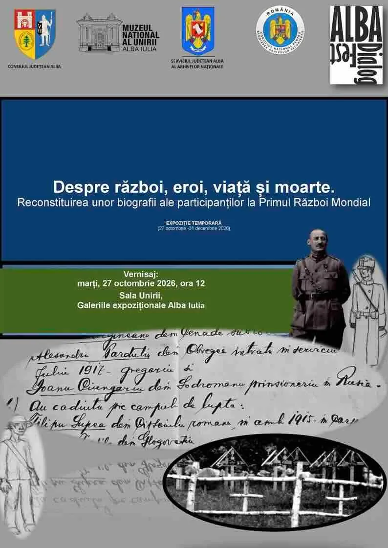Afișul are benzi albastre și verzi cu text alb, sigle în partea de sus, un bărbat în uniformă și documente scrise de mână.