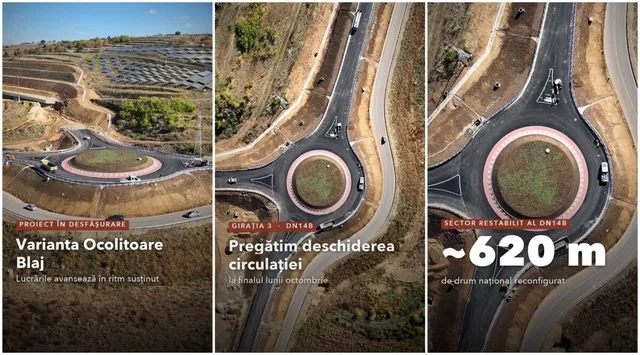 Trei cadre aeriene arată un sens giratoriu, drumuri, teren decopertat și utilaje mici, cu text alb suprapus.