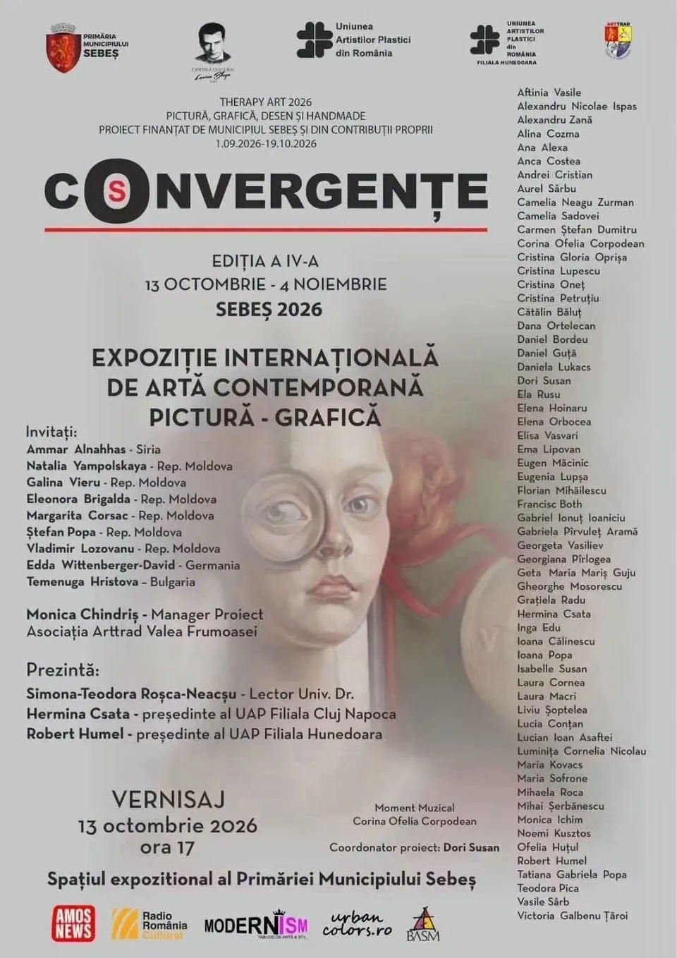 Un afiș alb conține titluri negre, coloane de text, câteva sigle și o ilustrație centrală cu chipuri și mâini.