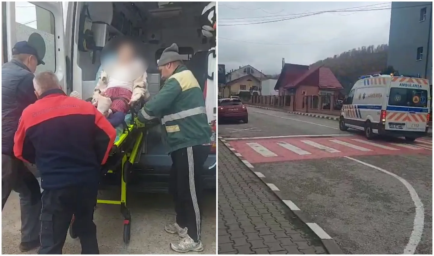 În două cadre alăturate, persoane lângă o targă la ușa unei ambulanțe și o ambulanță pe o stradă cu trecere de pietoni.