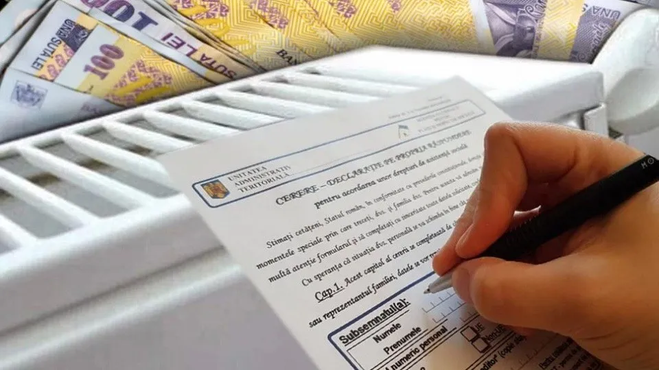 O mână ține un pix deasupra unui formular așezat pe un calorifer alb, lângă câteva bancnote.