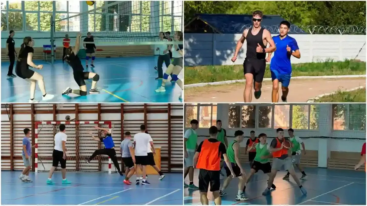 Un colaj cu patru cadre prezintă tineri alergând în aer liber și practicând sporturi cu mingea în săli de sport.