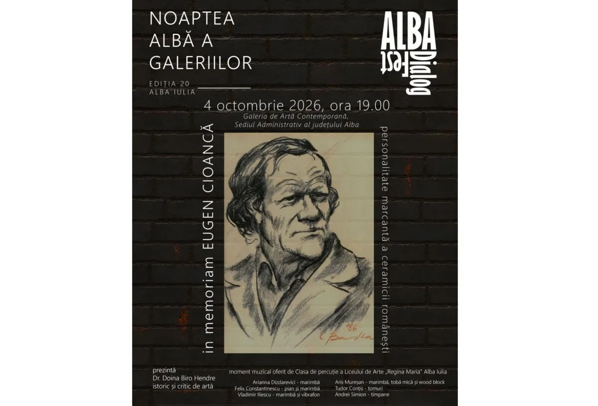 Afiș negru cu un portret masculin desenat în centru, texte albe dispuse vertical și orizontal și un simbol grafic în colțul superior.