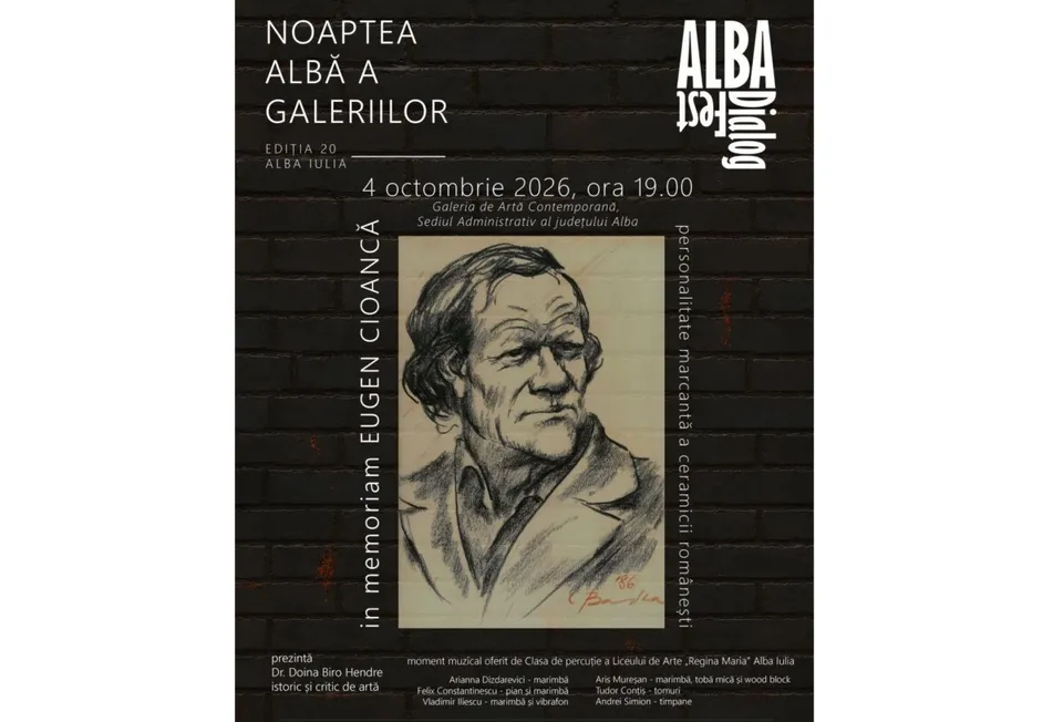 Afiș negru cu un portret masculin desenat în centru, texte albe dispuse vertical și orizontal și un simbol grafic în colțul superior.