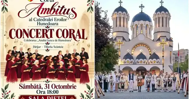 În stânga, un afiș cu litere mari și persoane în robe roșii; în dreapta, un grup stă în fața unei clădiri cu trei turle.