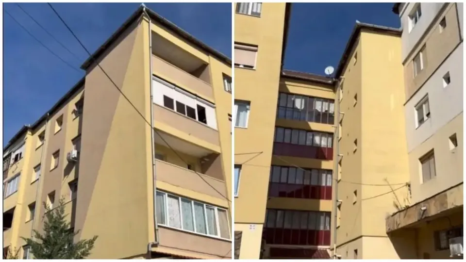 Două imagini alăturate arată blocuri înalte, cu fațade galbene și bej, balcoane, ferestre și porțiuni de cer albastru.