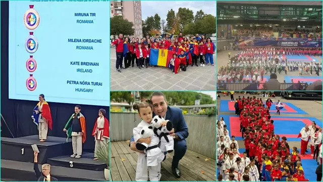 Colaj cu sportivi în ținute albe pe un podium, un grup ținând steaguri, doi copii în kimonouri și sportivi pe saltele.