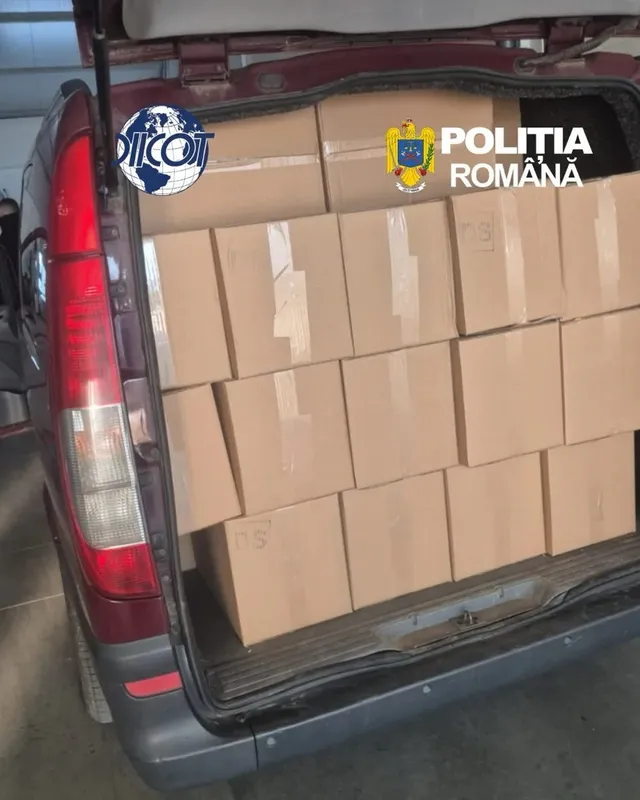 Ușile din spate ale unei autoutilitare sunt deschise, iar compartimentul este umplut cu cutii de carton maro, așezate în rânduri.