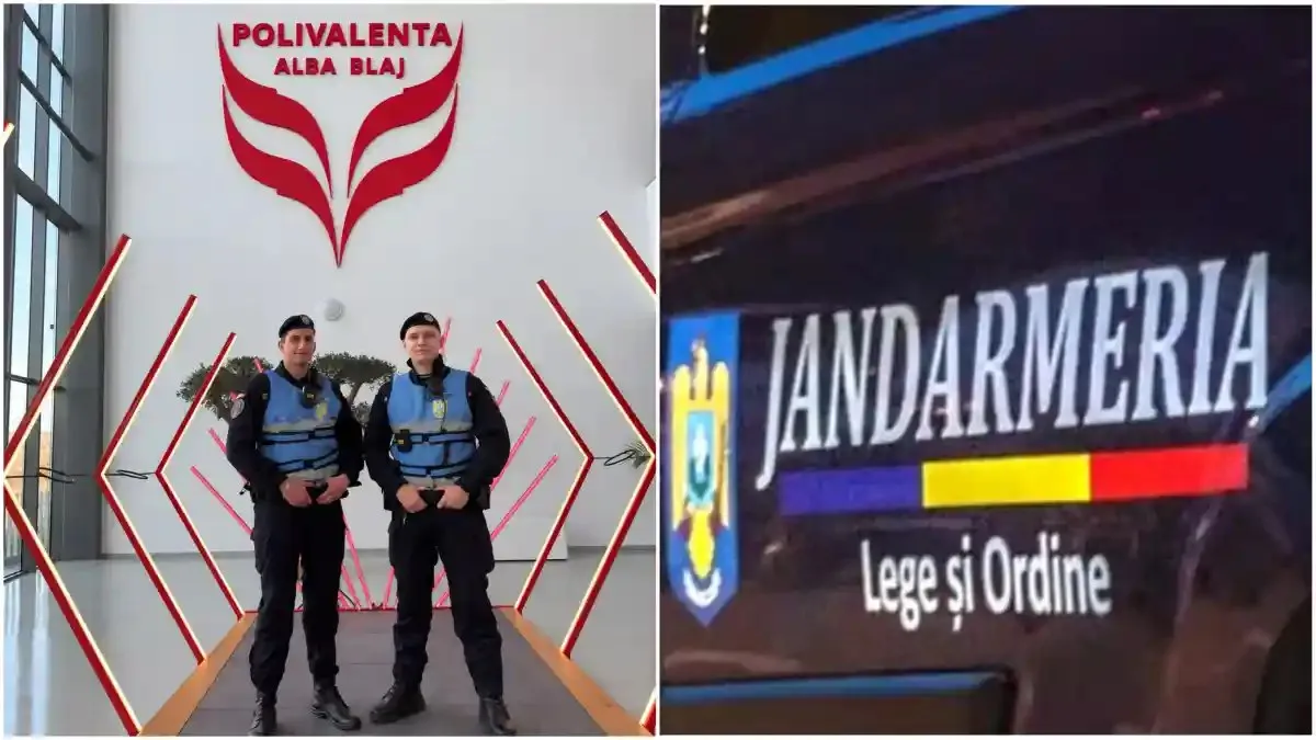 În stânga, doi bărbați în uniforme închise la culoare stau într-un hol; în dreapta, pe un vehicul apare inscripția „JANDARMERIA”.