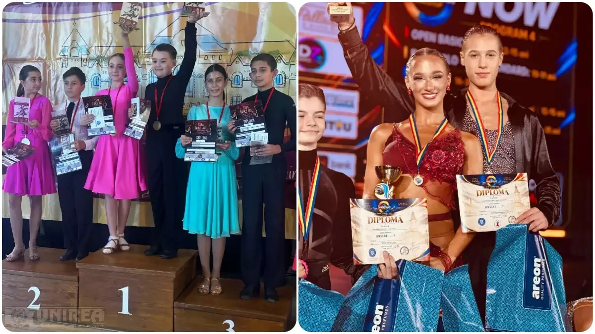 Două fotografii alăturate arată dansatori cu medalii, diplome și trofee, iar în prima imagine câțiva stau pe un podium numerotat.
