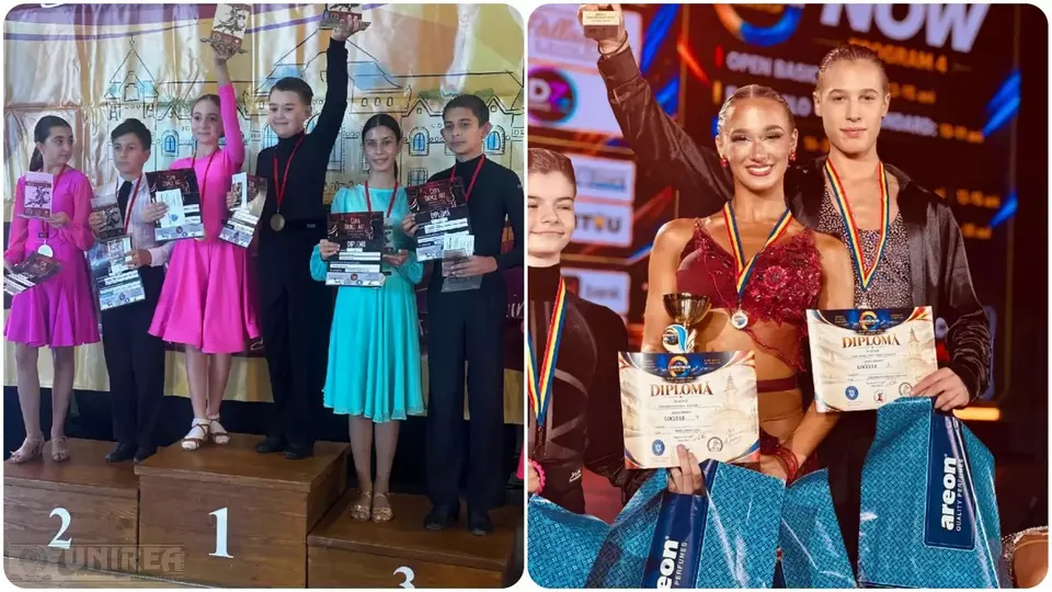 Două fotografii alăturate arată dansatori cu medalii, diplome și trofee, iar în prima imagine câțiva stau pe un podium numerotat.