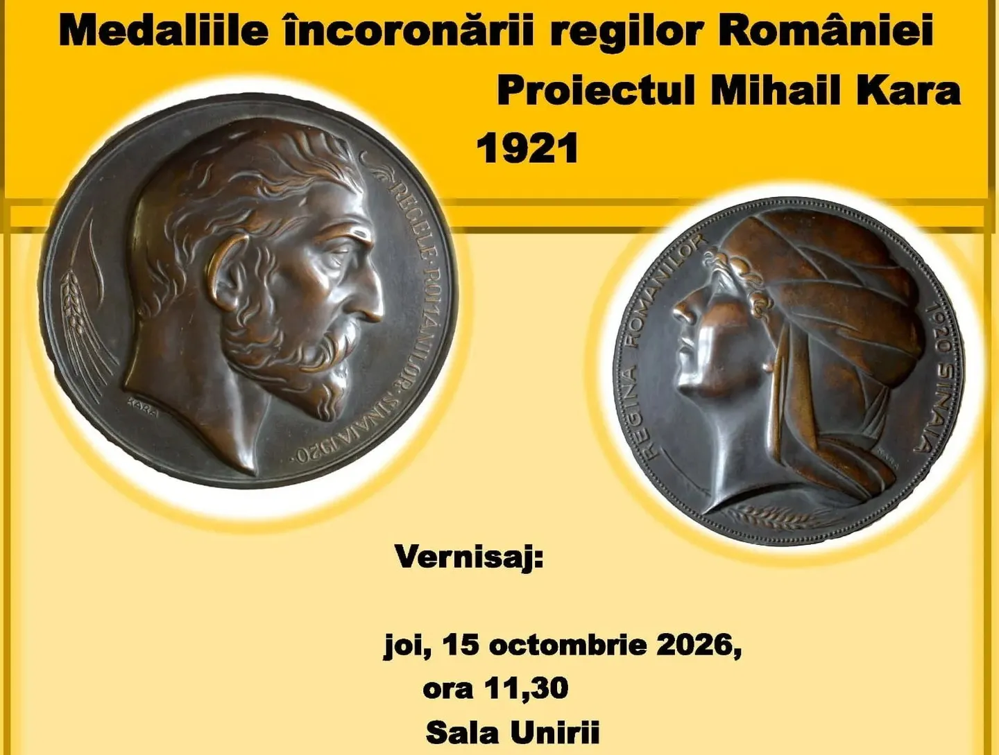 Un afiș galben prezintă două medalii circulare cu portrete în profil și text negru deasupra și dedesubtul lor.
