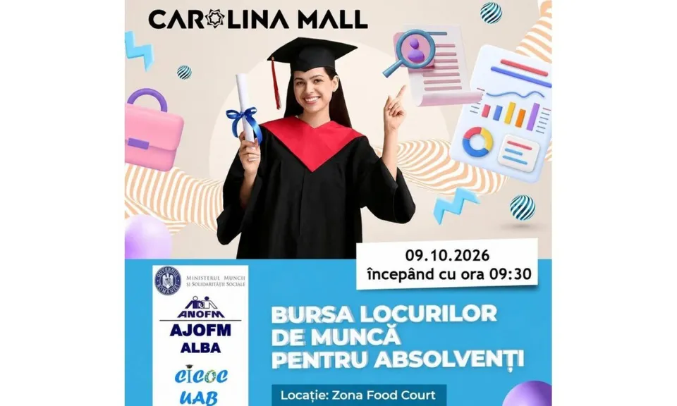 Afișul colorat prezintă o persoană în robă și tocă neagră, cu eșarfă roșie, ținând un obiect albastru, alături de texte și pictograme.