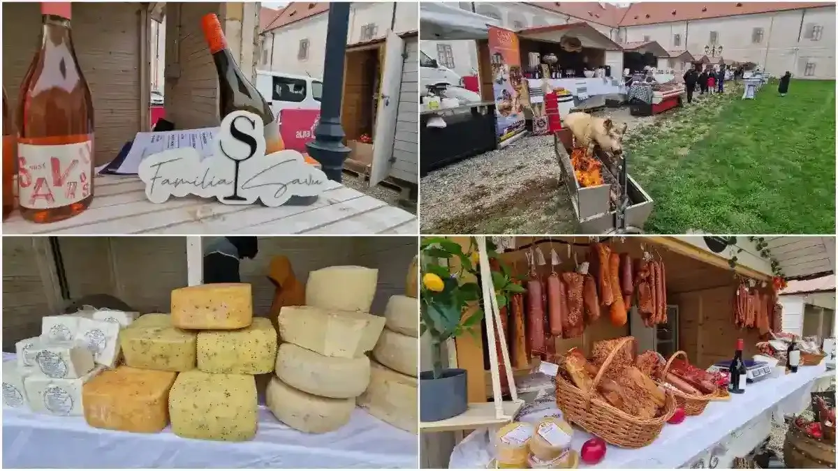 Colajul arată o sticlă și un pahar pe o masă, standuri lângă o clădire, brânzeturi și mezeluri expuse.