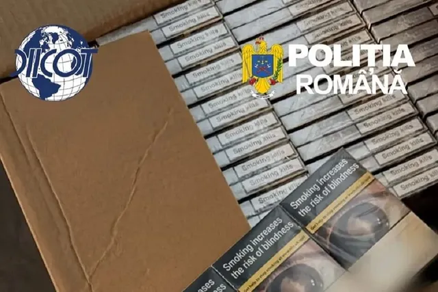 O cutie de carton deschisă conține numeroase pachete de țigări aliniate; în partea de sus apar siglele DIICOT și Poliția Română.
