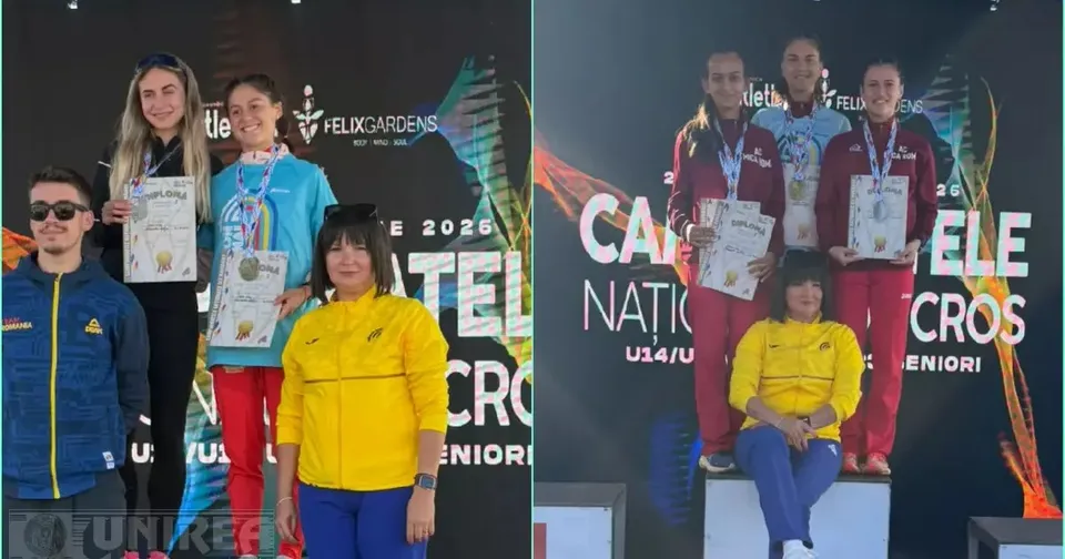 Două fotografii alăturate arată persoane pe podium, unele ținând diplome, în fața unor panouri cu inscripții despre cros.