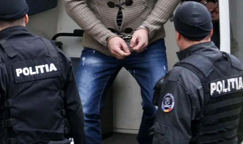 Doi polițiști văzuți din spate stau lângă un bărbat încătușat, îmbrăcat cu blugi și un pulover gri.