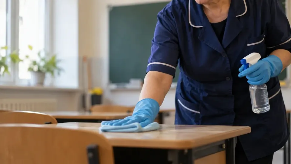 O persoană în uniformă bleumarin și mănuși albastre șterge o masă din lemn, ținând o sticlă transparentă; în fundal se văd bănci și o tablă.