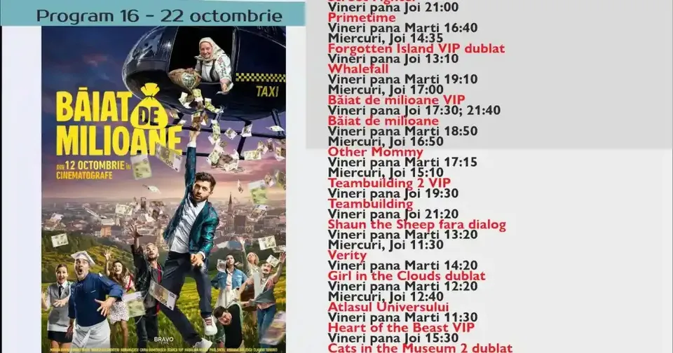 Imaginea arată o listă de filme și ore de proiecție lângă un afiș colorat cu mai multe persoane, un automobil și un elicopter.