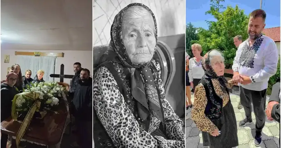 Un colaj arată un sicriu cu flori lângă câteva persoane, portretul alb-negru al unei femei vârstnice și aceeași femeie lângă un bărbat.