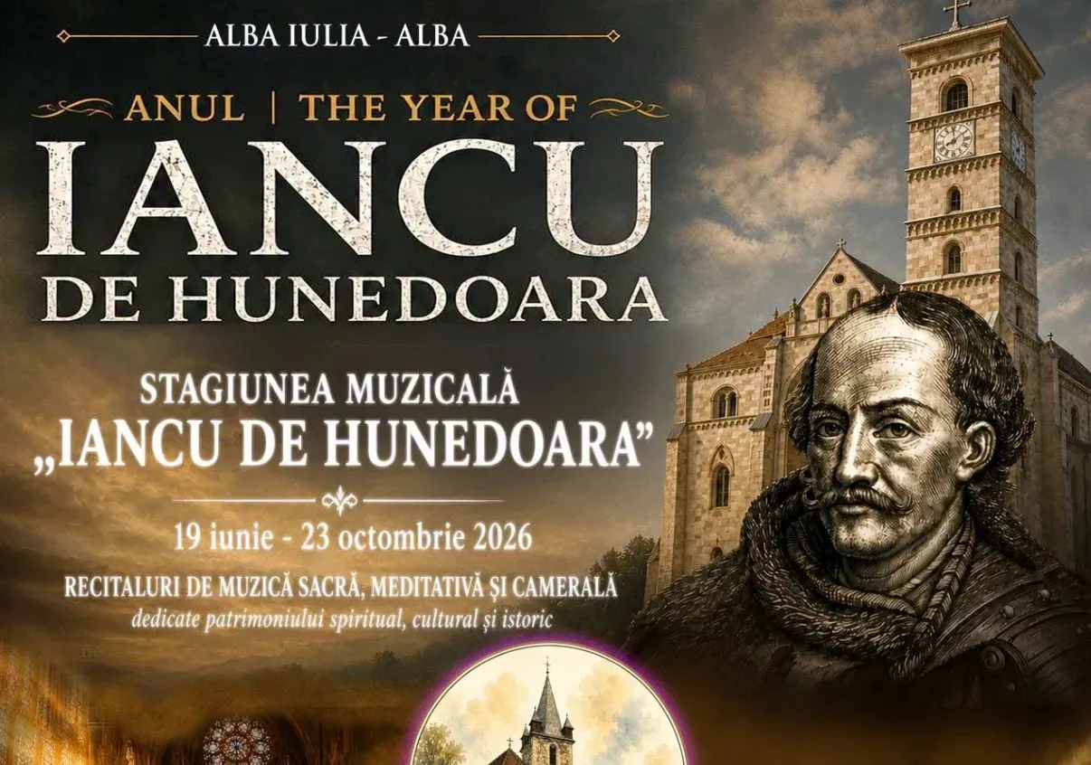 Afișul prezintă un portret desenat în dreapta, un turn în fundal și inscripții mari pe partea stângă.