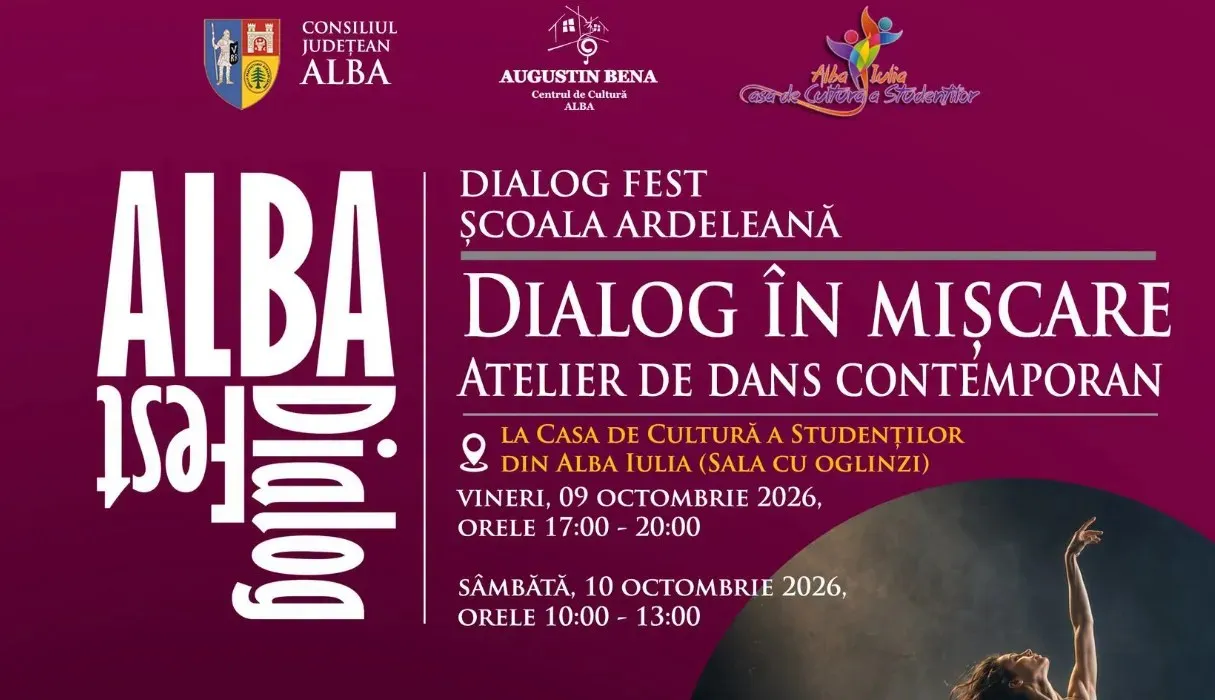 Un afiș vișiniu conține sigle, texte albe despre un atelier de dans contemporan și imaginea parțială a unui braț ridicat.