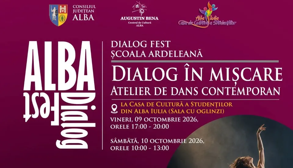 Un afiș vișiniu conține sigle, texte albe despre un atelier de dans contemporan și imaginea parțială a unui braț ridicat.