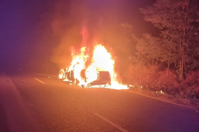 Un autoturism este cuprins de flăcări pe un drum întunecat, lângă vegetație, cu foc extins pe carosabil.