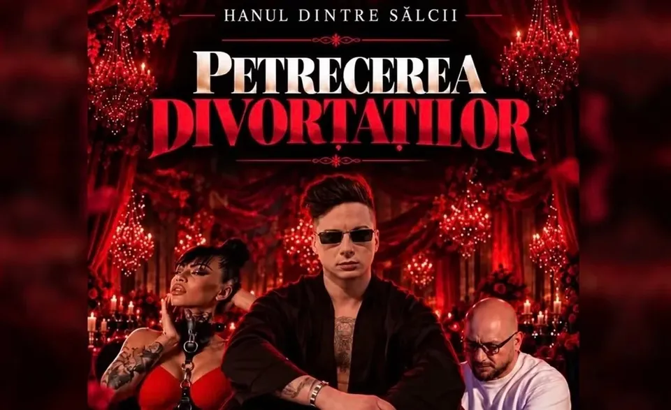 Un afiș roșu-negru prezintă trei adulți, doi purtând ochelari, pe un fundal decorat cu lumini și ramuri roșii.