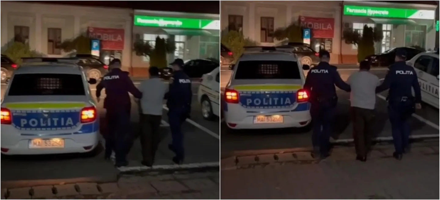 Două imagini alăturate arată persoane văzute din spate lângă o mașină de poliție, în fața unei clădiri cu firme luminoase.