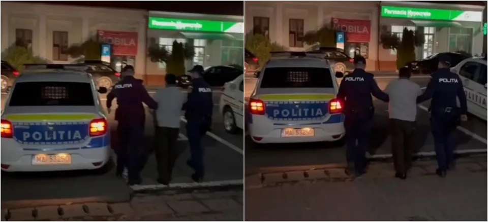 Două imagini alăturate arată persoane văzute din spate lângă o mașină de poliție, în fața unei clădiri cu firme luminoase.