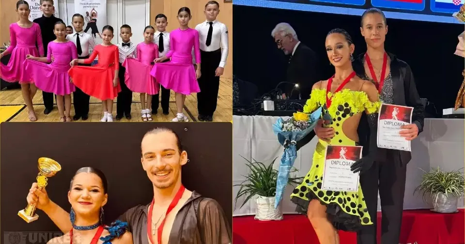 Colajul arată copii în ținute de dans, o pereche cu diplome și flori, precum și două persoane, dintre care una ține un trofeu.