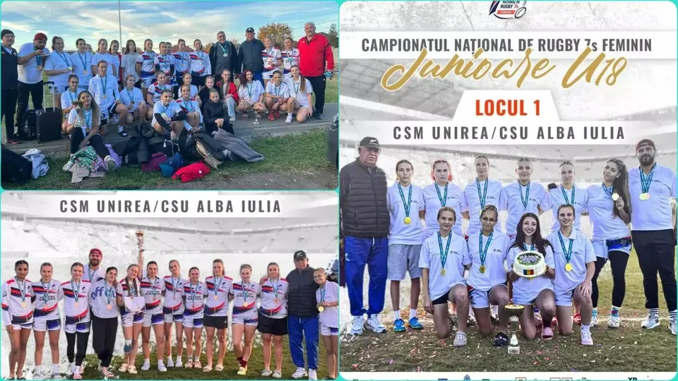 Colaj cu grupuri de sportive în echipamente de rugby, unele purtând medalii, alături de adulți și de un afiș cu text.