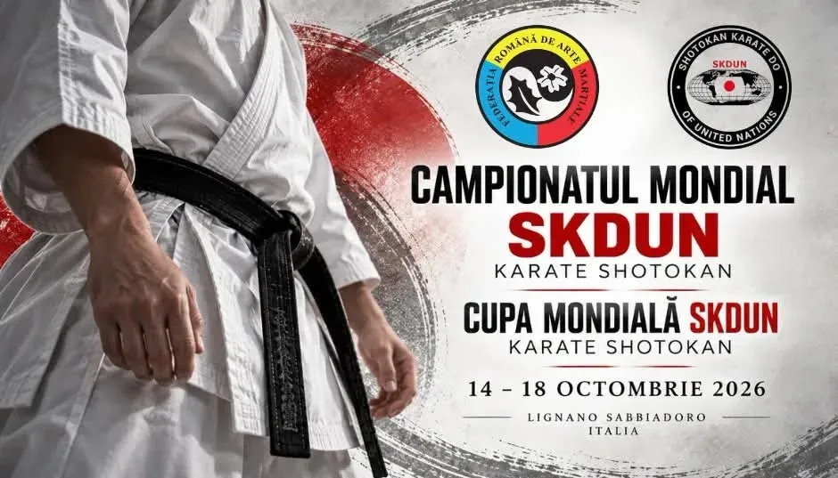 Un afiș prezintă o persoană în costum alb de karate, cu centură neagră, lângă două embleme și texte despre competiții.