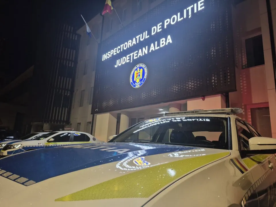 Două autospeciale albe cu marcaje albastre și galbene sunt parcate în fața unei clădiri cu firmă luminoasă și steaguri.