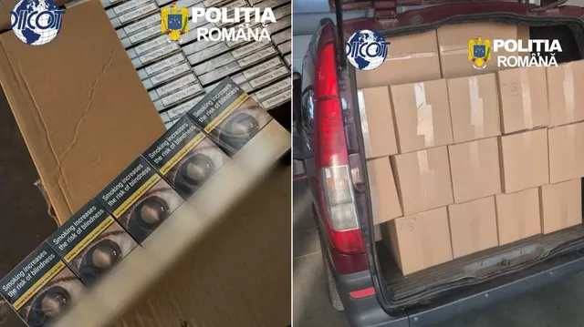 Imagine împărțită în două: în stânga sunt pachete de țigarete și carton, iar în dreapta, cutii de carton în spatele unei autoutilitare.