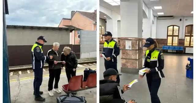 În două fotografii, persoane în uniforme discută cu călători și le înmânează foi, lângă scaune roșii sau pe o bancă albastră.